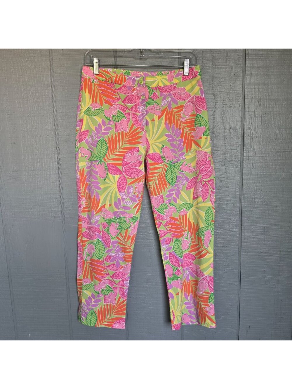 Lilly Pulitzer Tropical Frog Print Cropped Pants Pink Green Resort Preppy. Sz 6